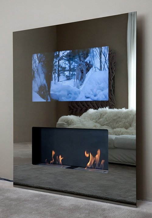 Double Vision Fireplace By Safretti Features A LCD TV As Well!