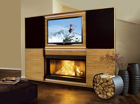 Multimedia Fireplace by Vok - combination of fireplace, television, music!
