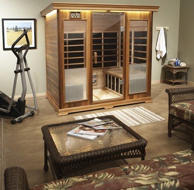 Helo E-Series infrared saunas with built-in drop-down TV monitor