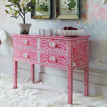 Pink and Mother of Pearl Inlay Console Table Which Is Perfect for Feminine Interiors