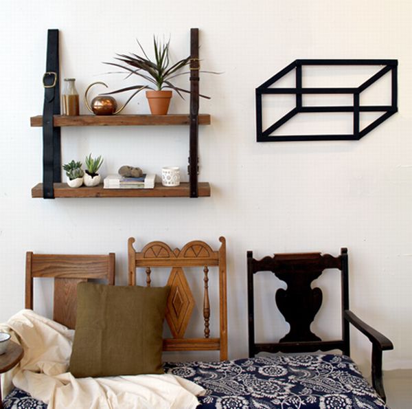 Creative DIY Recycled Leather & Wood Shelf - DIY - Hanging leather shel - Leather & wood shelf