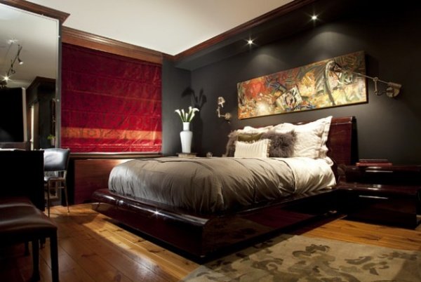 Phòng ngủ nghệ thuật với tường màu đen
