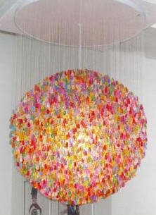 Chandelier made of 5,000 hand-strung acrylic gummi bears