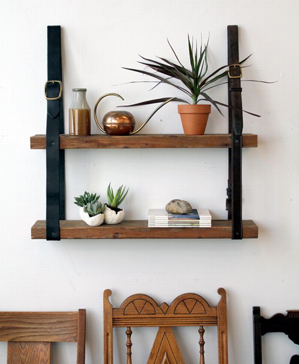 Creative DIY Recycled Leather & Wood Shelf - DIY - Hanging leather shel - Leather & wood shelf