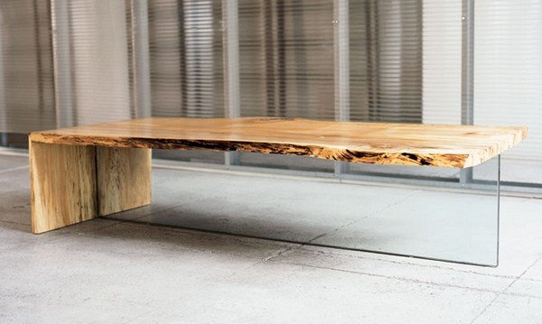 Original Looking Low Maple Table with Glass Leg from John Houshmand