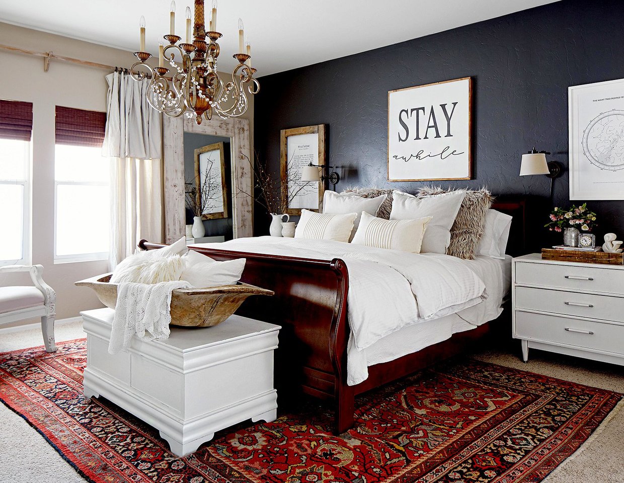 mix wood and white furniture in bedroom