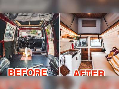 A family of 4 transformed their van into a bohemian tiny home on wheels