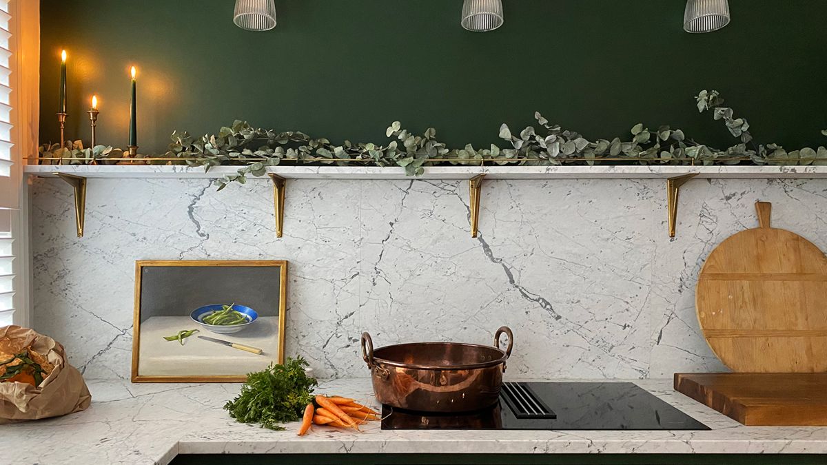See how green paint and marble splash-backs transformed a drab small kitchen